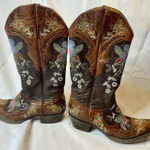 Old Gringo Floral Embroidered Brown Heeled Boots, size 7